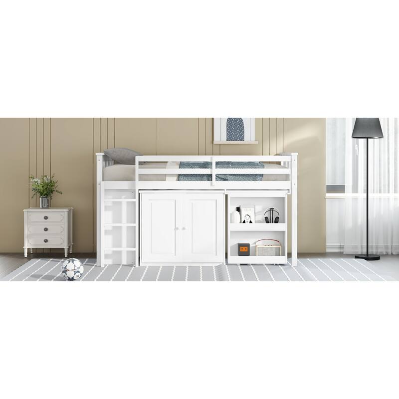 Roomfitters Twin Rubber Wood Loft Bed with Storage Cabinets, Pull-Out Desk, Safety Guardrail and Ladder