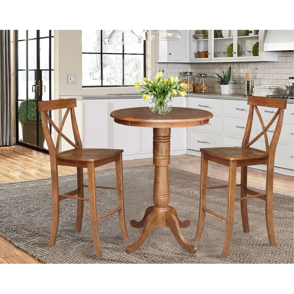 30" Round Pedestal Bar Height Table with 2 X-Back Barheight Stools - 3 Piece Set
