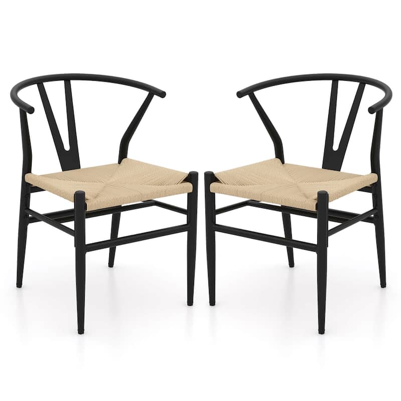 Costway Modern Dining Chair Set of 2/4 Weave Kitchen Armchairs with - See Details - Beige+Black-2 PCS - Set of 2