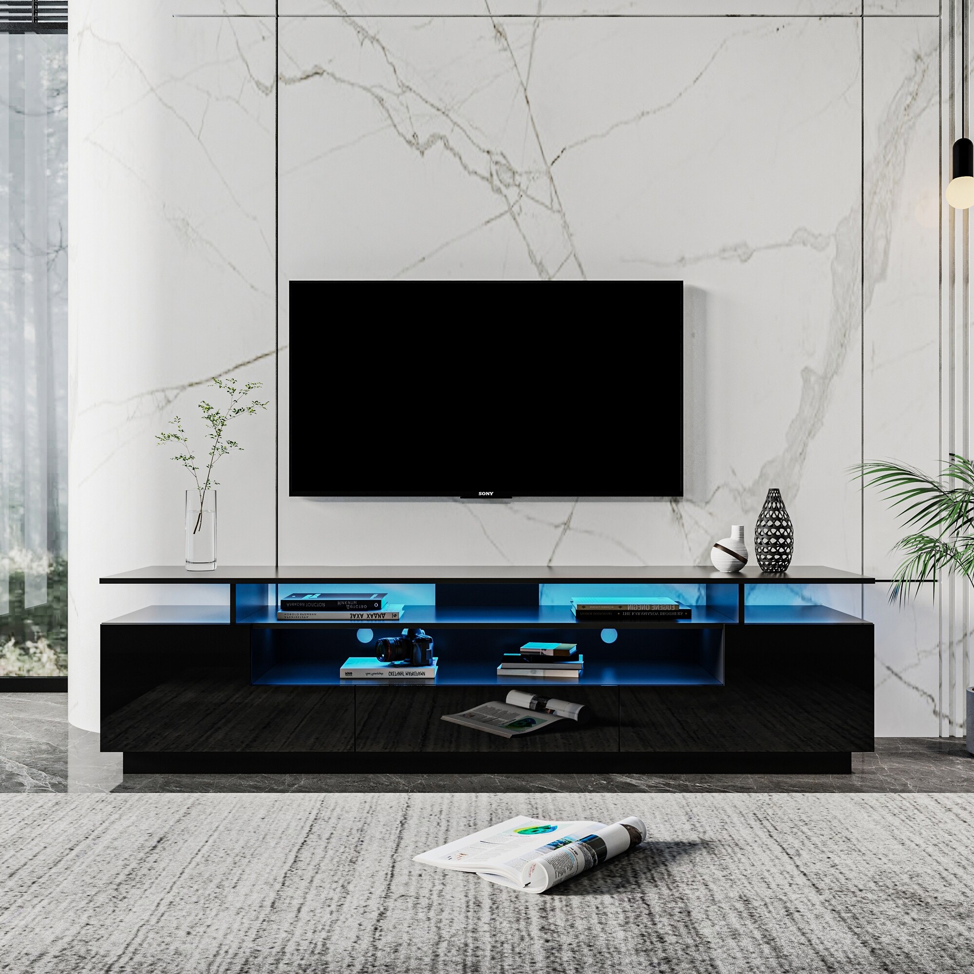 77 inch Modern High Gloss LED TV Stand 20 Colors LED Media Console Table Wooden Storage Cabinet with Open Shelves and Drawer