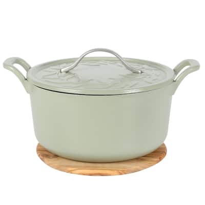 Bloomhouse 7 Qt Cast Iron Dutch Oven W/ Embossed Lid, European Matte Enamel, & Olive Wood Trivet