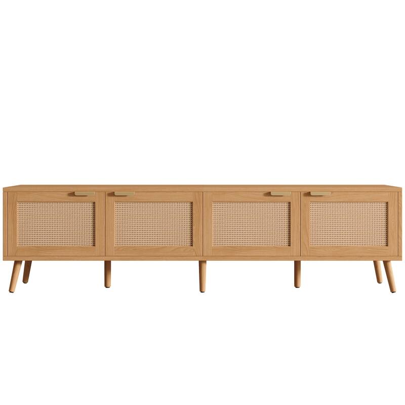 70" Wood TV Stand with Rattan Doors, Media Console, Entertainment Center with Storage for TVs up to 80", Living Room TV Cabinet