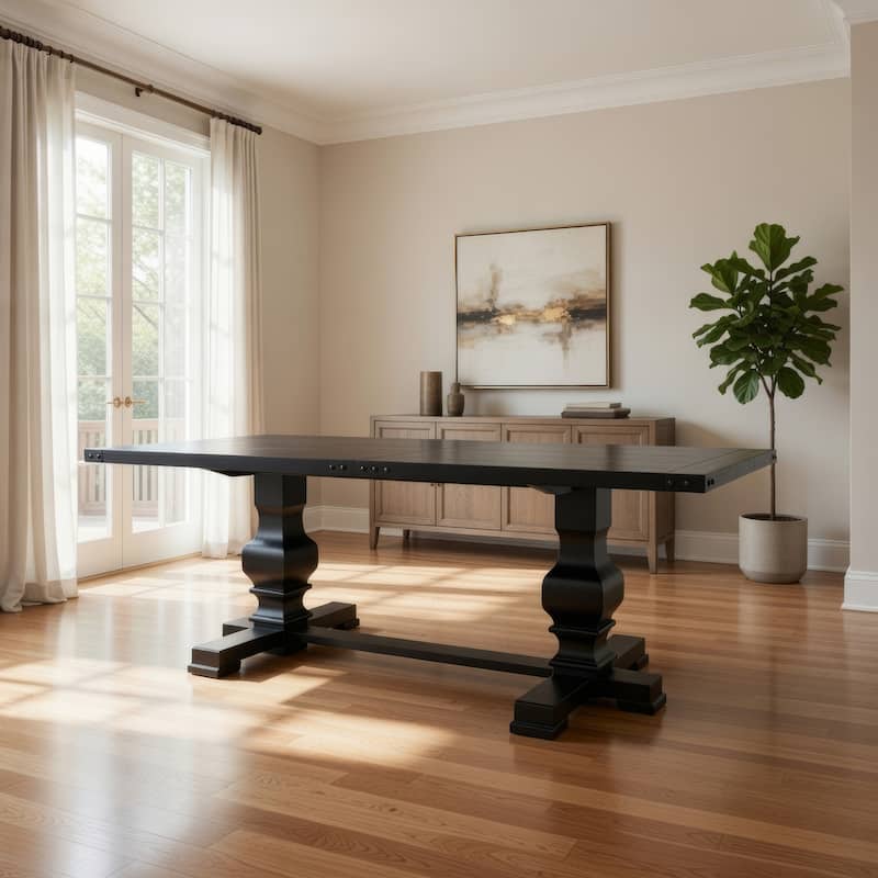 Wooden Rectangular Dining Table With Double Pedestal And Trestle Base, Vintage Black