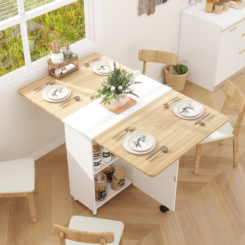 Modern Farmhouse Foldable Dining Table with Storage Cabinet - Nactural Wood