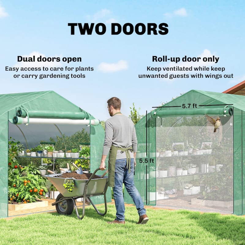 Outsunny 10'x11'x6' Walk-in Tunnel Greenhouse with Shelves, Mesh Door and Windows, Plant Hot House with PE Cover