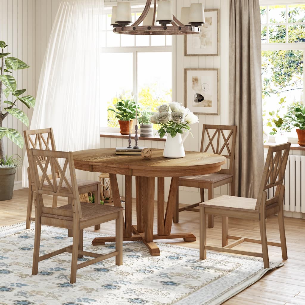 5-Piece 41.3-57.1" Extendable Round Dining Set with Wood Cross-Back Chairs, Kitchen Set with Removable Leaf