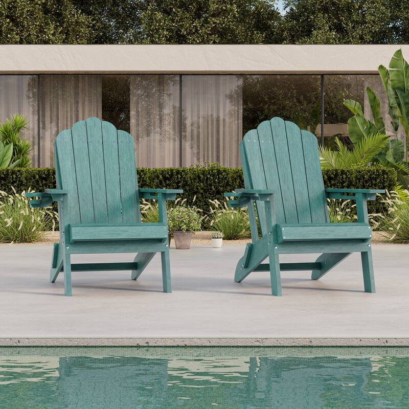 HDPE All-Weather Folding Adirondack Chair with Cup Holder - 2-Piece - LakeBlue
