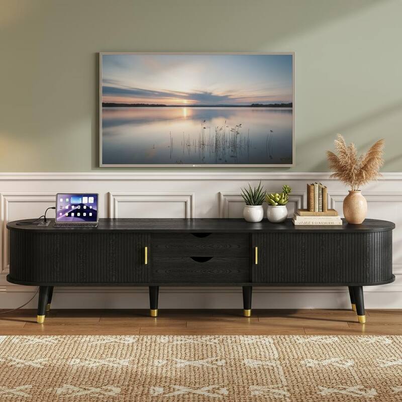 Mid-Century Oval TV Stand with Sliding Fluted Doors & Charging Station by Harper&Bright Designs - Black