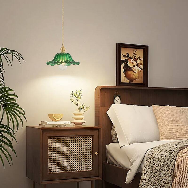 Modern 1-Light Pendant with Green Glass Shade and Brass Finish