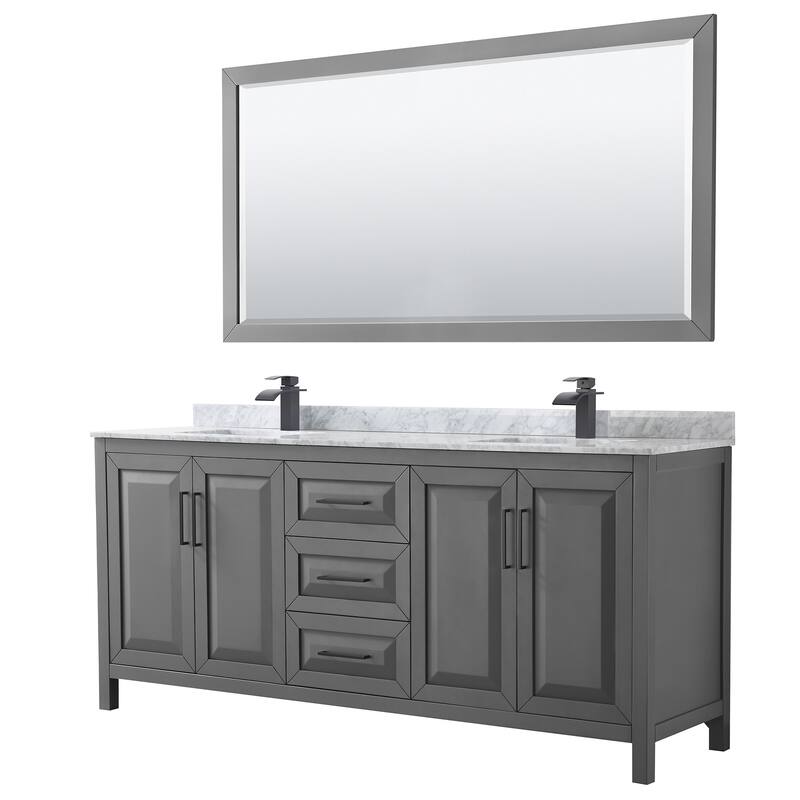 Daria 80-inch Double Vanity, Marble Top, 70-inch Mirror - Dark Gray, Black Trim, White Carrara Marble Top