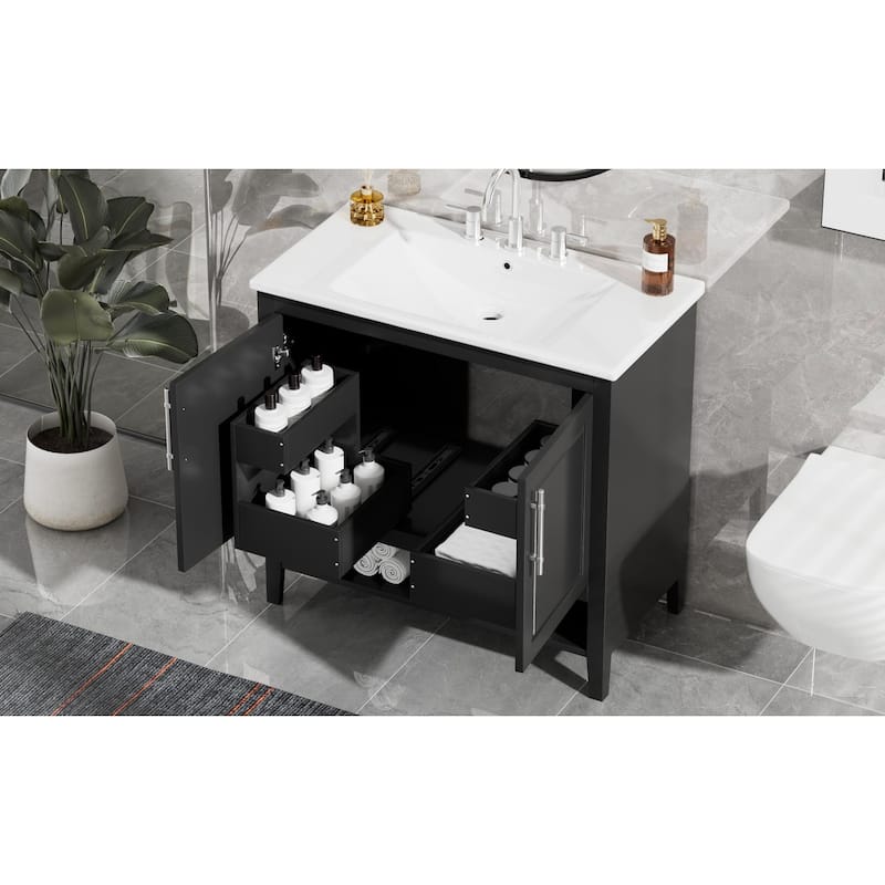 GDFStudio - Everett Langley 36-Inch Modern Freestanding Bathroom Vanity with Ceramic Sink - 36"