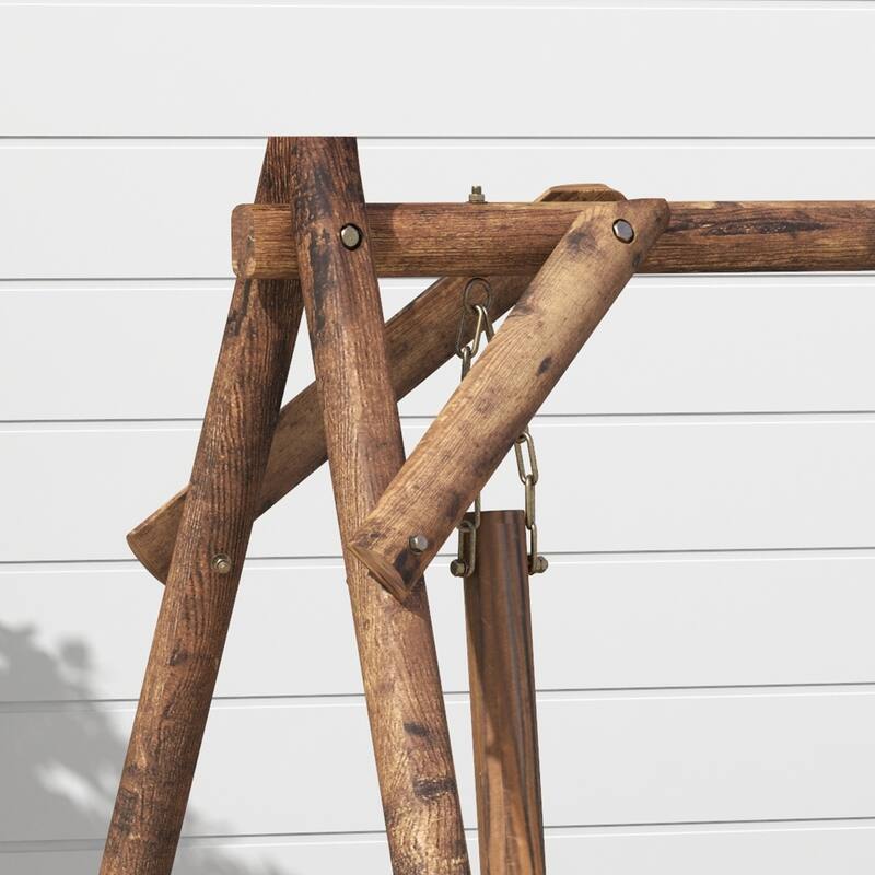 2-Person Wooden Patio Swing Chair with Adjustable Seat Height and Wagon Wheel Design for Backyard - 78.75" W x 54" D x 65.75" H