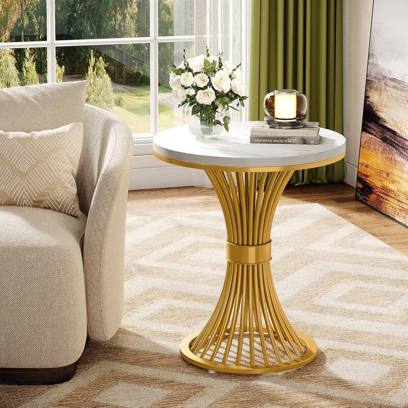 Modern Faux Marble Round End Table for Living Room, Bedroom, Sofa Side, White & Gold