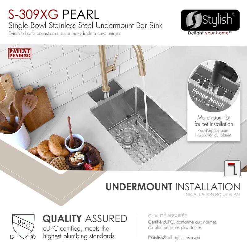 Stylish Undermount 16" Single-Bowl Stainless Steel Bar Sink S-309XG - 16" x 18" x 10"