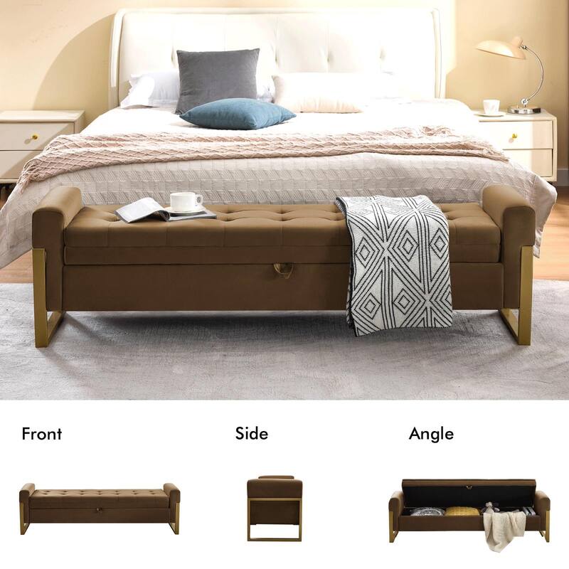 66" Storage Bench for Bedroom End of Bed with Single Lids and Gold Legs