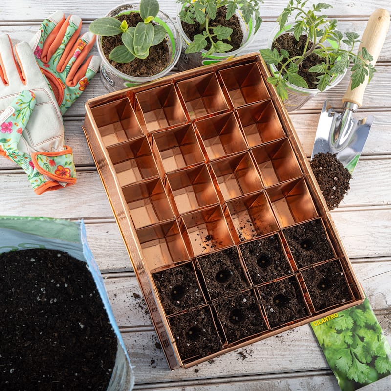 Kings County Tools Seed Starter Tray - Copper Metal Seedling Tray with 24 Tapered Plant Starter Pots