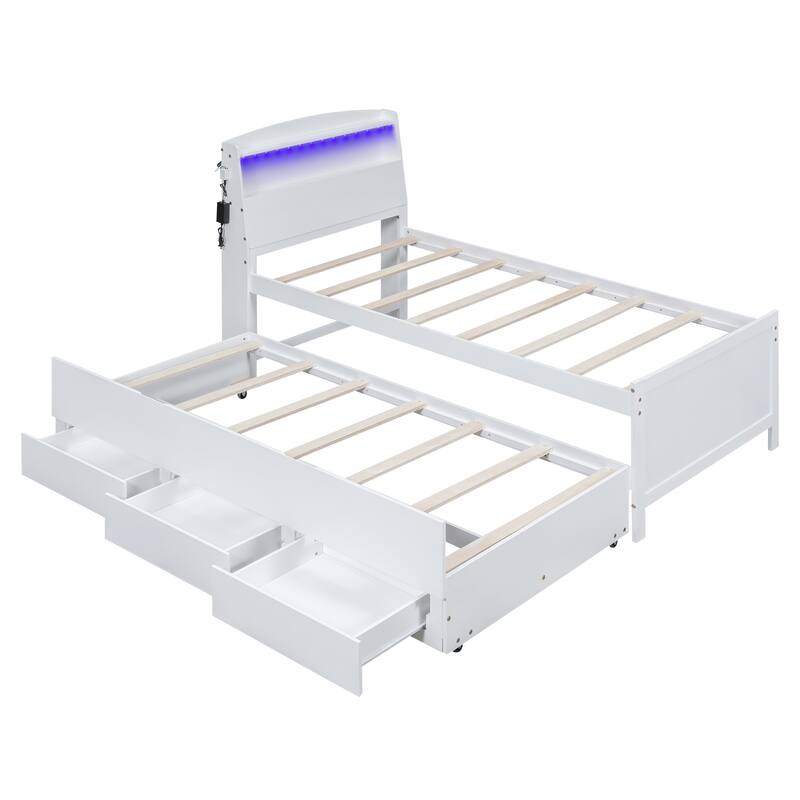 Twin Size Platform Bed with LED Headboard, Twin Trundle, and 3 Drawers