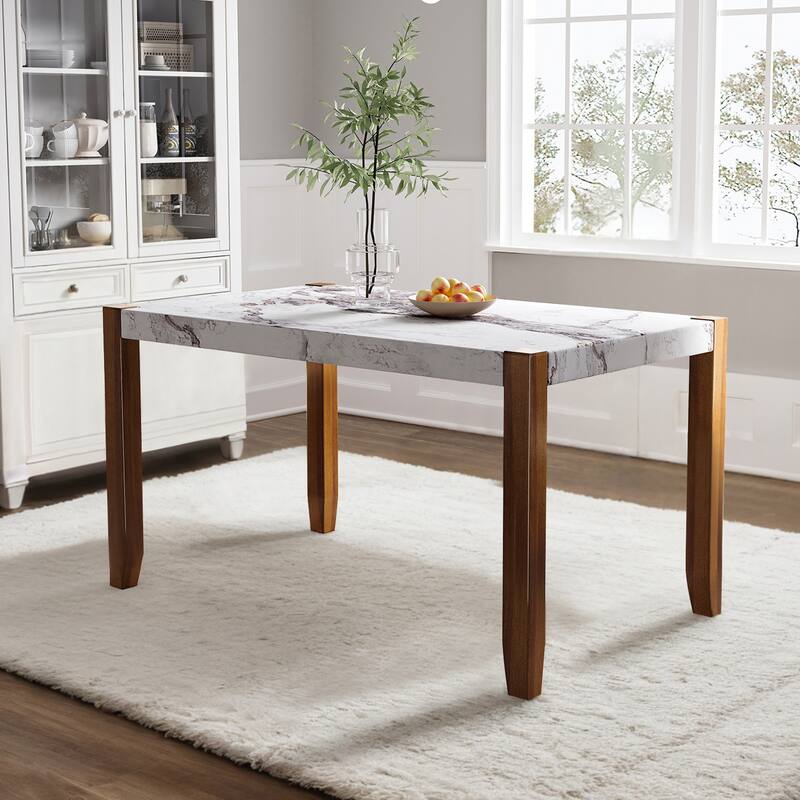 46.5" Modern Dining Table, Rectangular Faux Marble Style Table with Sturdy Wood Legs, Easy to Clean Rectangular Kitchen Table - White