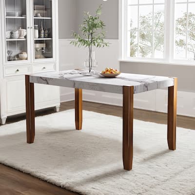 Rectangular Faux Marble Style Dining Table with Wood Legs