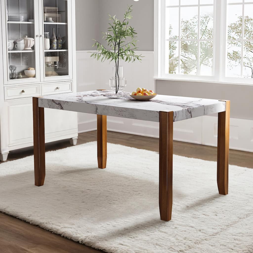 Rectangular Faux Marble Style Dining Table with Wood Legs