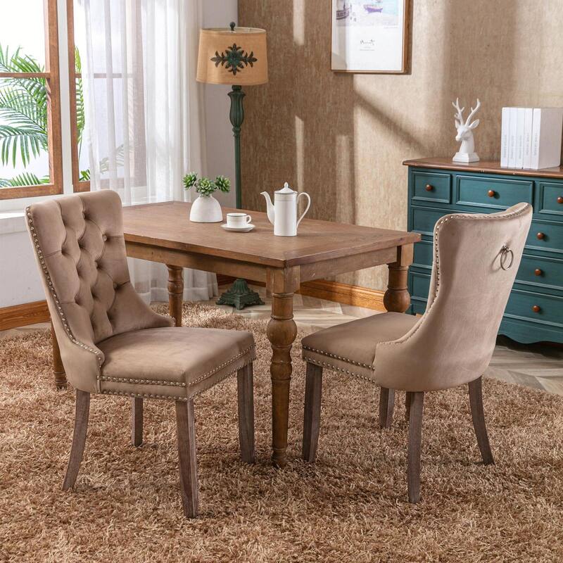 Tufted Velvet Dining Chairs - Solid Wood - Golden Stainless Steel Legs - Nailhead Trim - Set of 2