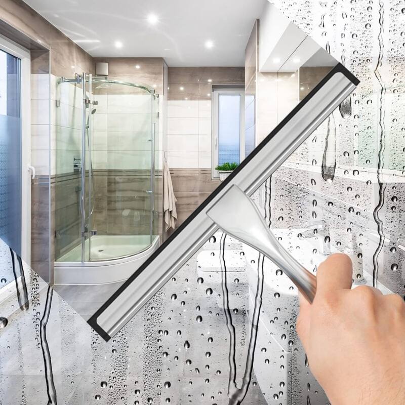 Multi-function Stainless Steel Shower Squeegee with 2 Adhesive Hooks, 10 Inch