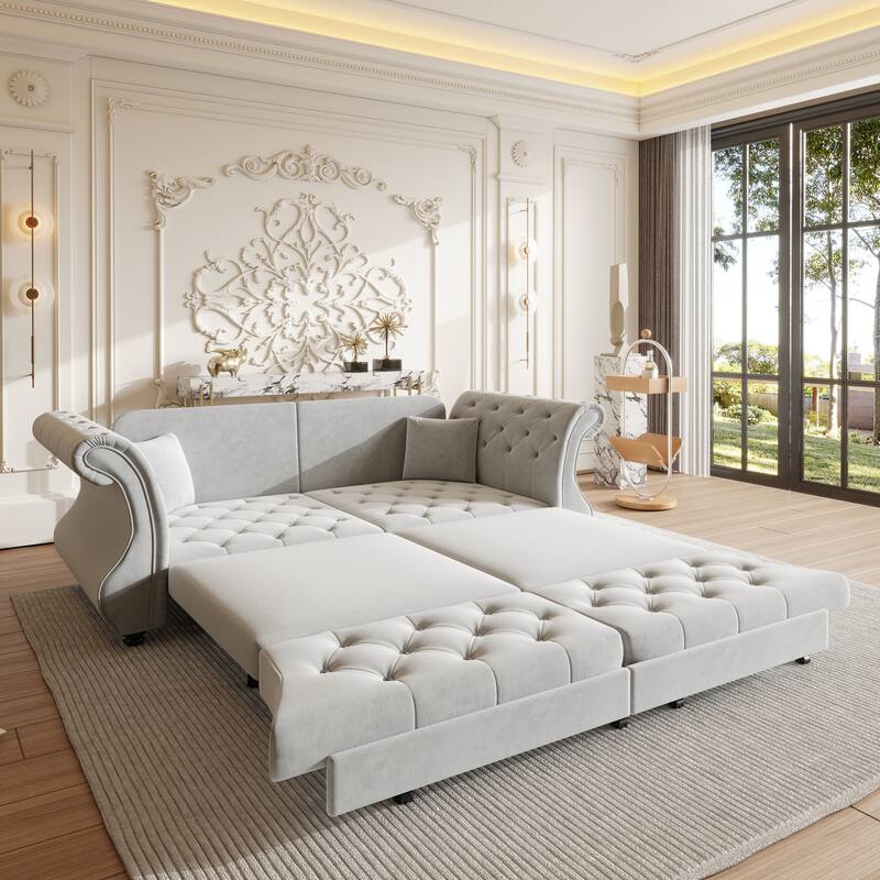 83.8" Chesterfield Velvet Pull-Out Sofa Bed, Classic Roll Arm Sleeper Couch with Elegant Flower Tufting - Grey