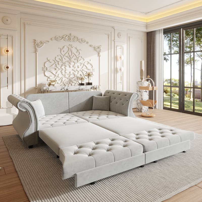 Chesterfield Pull Out Sofa Bed, Oversized 3-Seater/4-Seater Velvet Couch with Flared Arms, Convertible Sleeper Sofa