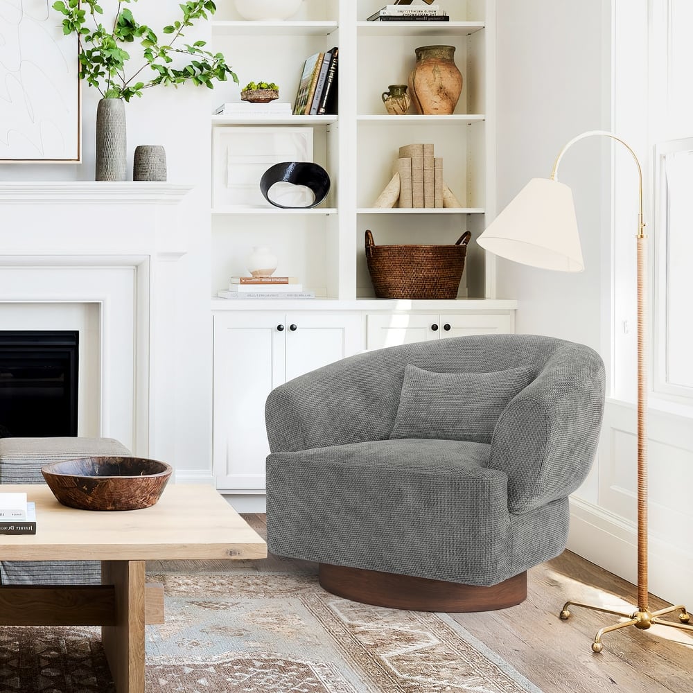 Modern Chenille Swivel Barrel Accent Chair with Solid Wood Base Armchair