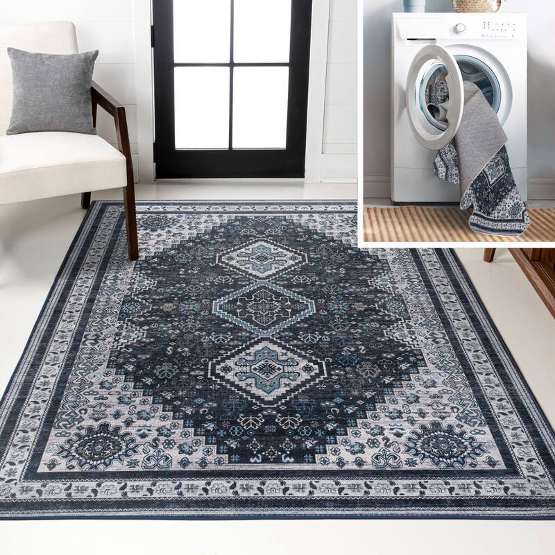 JONATHAN Y Didim Geometric Medallions Machine Washable Area Rug - 3 X 5 - Navy/Light Gray