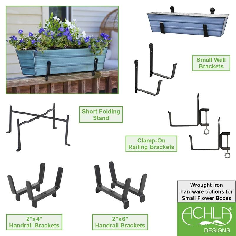 Achla Designs Small Galvanized Steel Flower Box Planter With Brackets for 2 x 6 Railings, 22 Inch Wide