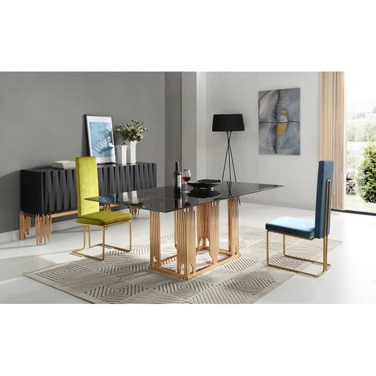 Modrest Token Modern Smoked Grey Glass & Rosegold Dining Table