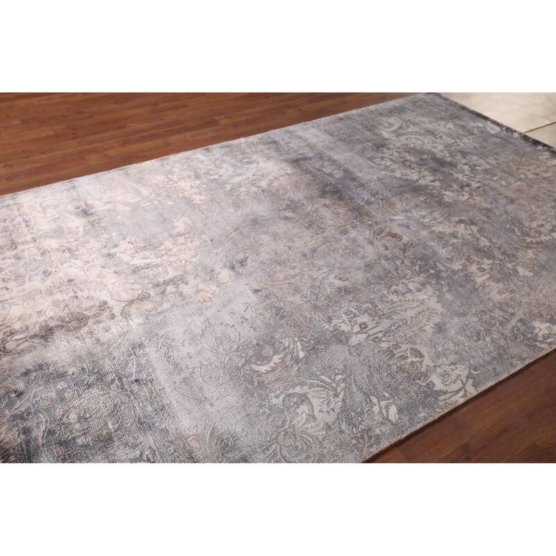 Silver Gray Abstract Indian Area Rug Handmade Wool Carpet - 5'1"x 8'0"