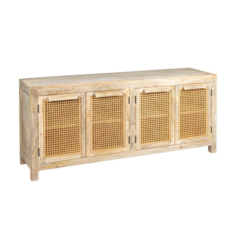 Mango Wood and Cane 4-Door Sideboard Cabinet