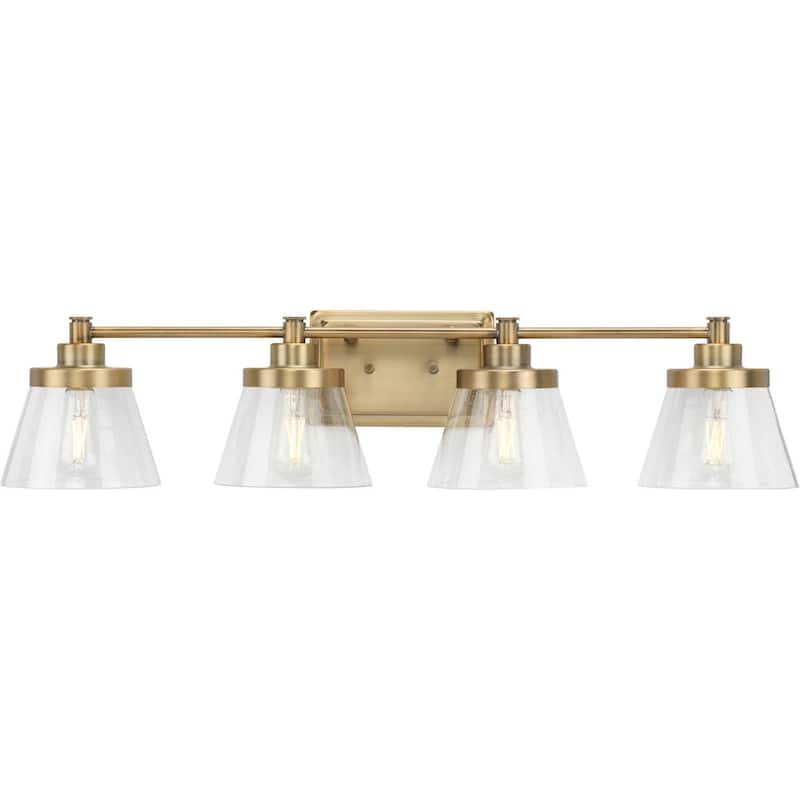 Hinton Collection Four-Light Vintage Brass Clear Seeded Glass Farmhouse Bath Vanity Light - 33.5 in x 7.12 in x 7.75 in