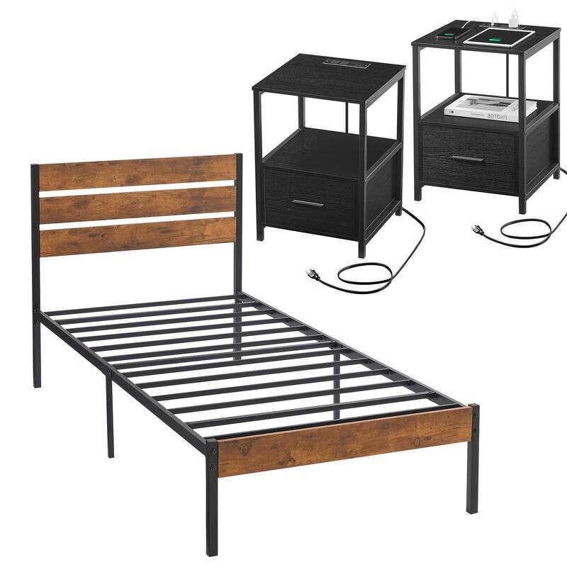 Javlergo 3-pieces Bedroom Set Queen Size Bed and 2 Nightstands with Charging Station USB Port