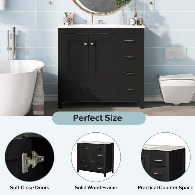 36" Bathroom Vanity with Ceramic Sink Solid Wood Base Soft Close Doors and 5 Storage Drawers