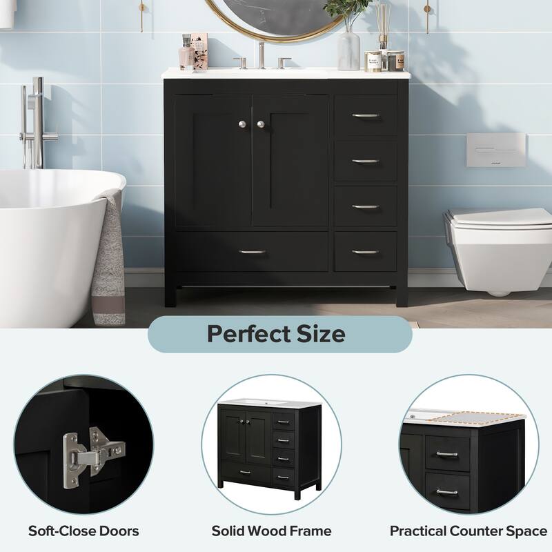 Roomfitters 36" Bathroom Vanity with Ceramic Sink Combo, Abundant Storage Cabinet with 2 Soft Close Doors and 5 Drawers