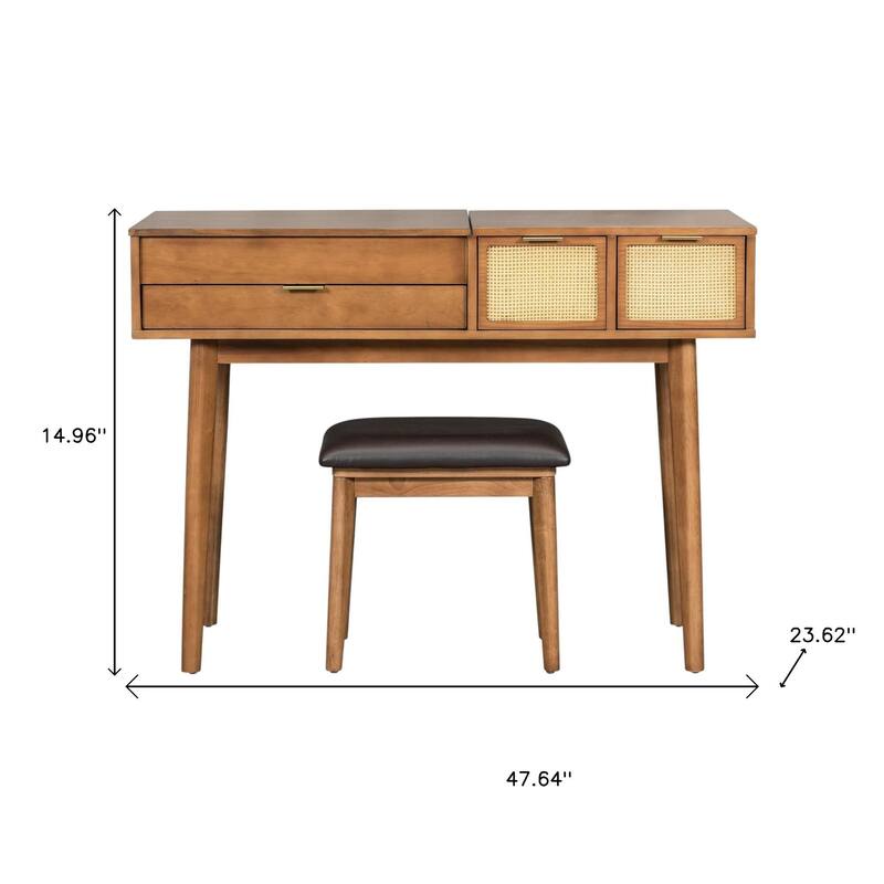 HomeRoots 48" Brown Wood Three Drawer Vanity Table With Mirror And Seating