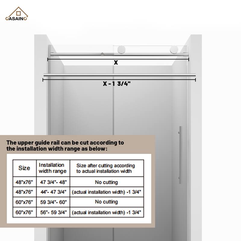 CASAINC 48 in. W x 76 in. H Sliding Frameless Shower Door with Tempered Glass