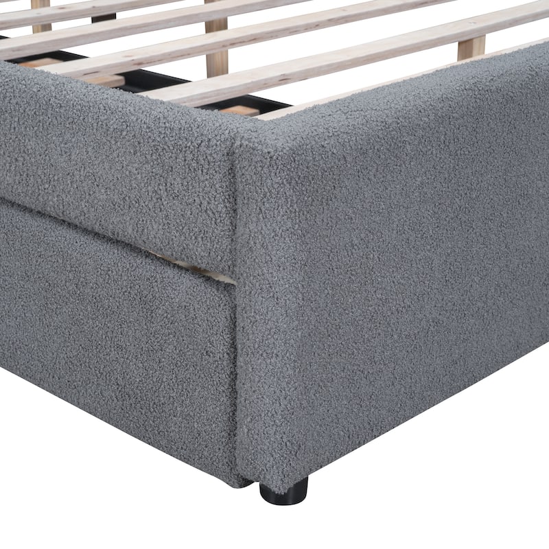 Teddy Fleece Queen Size Upholstered Platform Bed with Twin XL Trundle, Gray