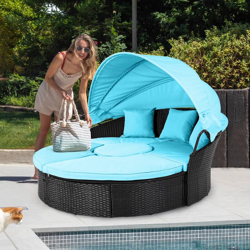 Moasis Patio Round Outdoor Daybed with Retractable Canopy Rattan Wicker Clamshell Furniture Seating