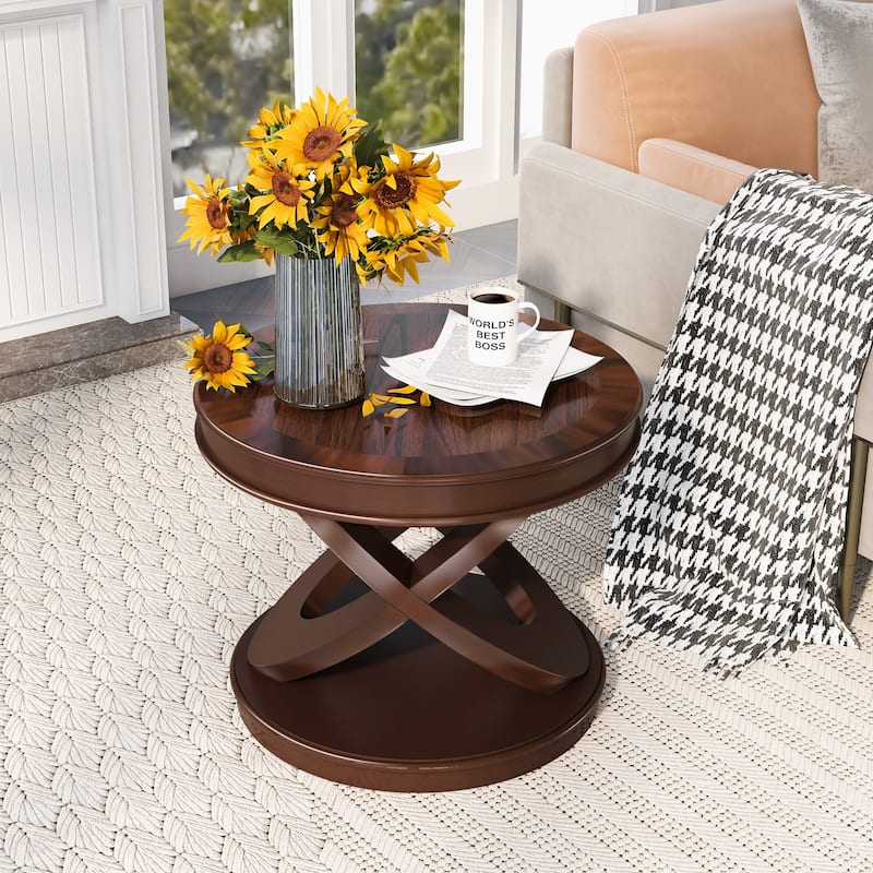 Vintage Sofa Side Table Wooden Round End Table with X-shape Base