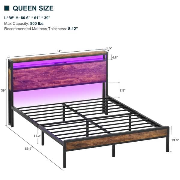 dimension image slide 3 of 13, Farmhouse Wood Platform Bed Frame with Charged Station and LED Lights