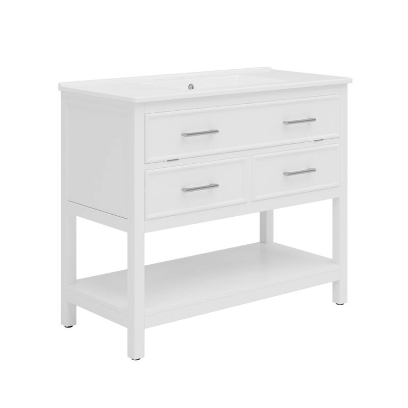 36" Bathroom Vanity with Ceramic Sink, Tip-Out Tray, 2 Full-Extension Soft Close Drawers, Silver Pulls and Open Shelf
