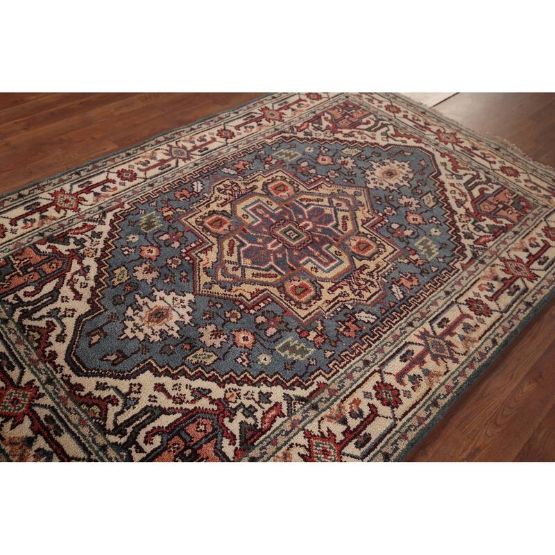 Blue Geometric Heriz Serapi Indian Area Rug Hand-Knotted Wool Carpet - 4'2"x 6'1"