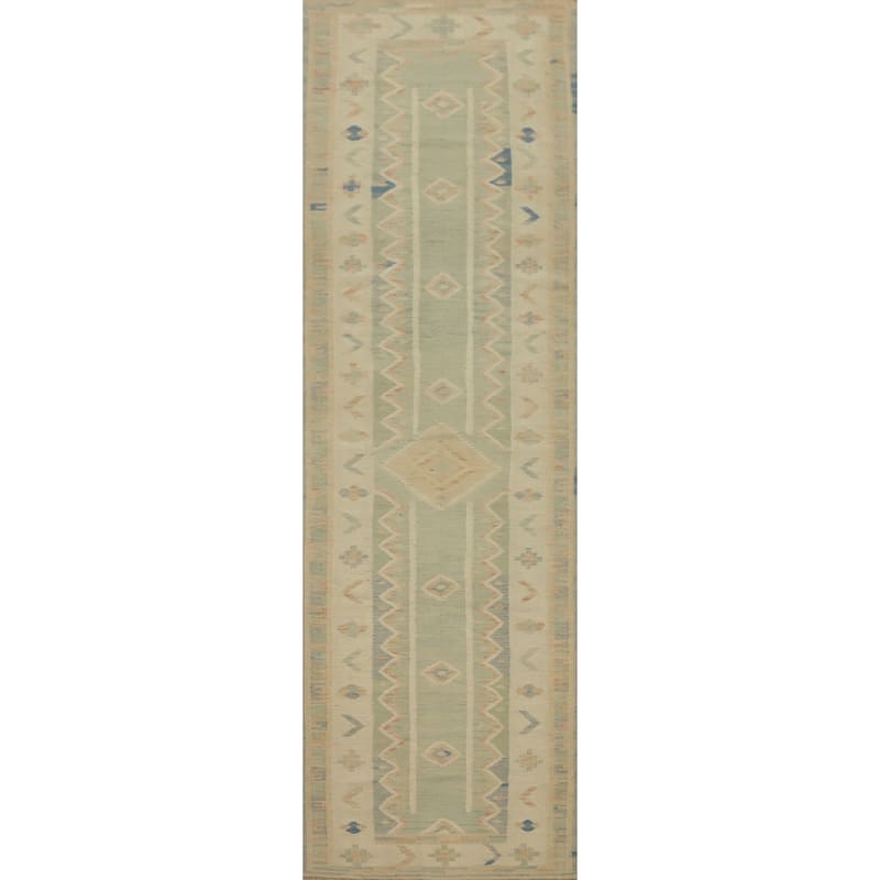 Hand Woven Oriental 100% Wool Carpet Southwestern Tribal Green Kilim Runner Rug - 11' 0'' X 2' 8''