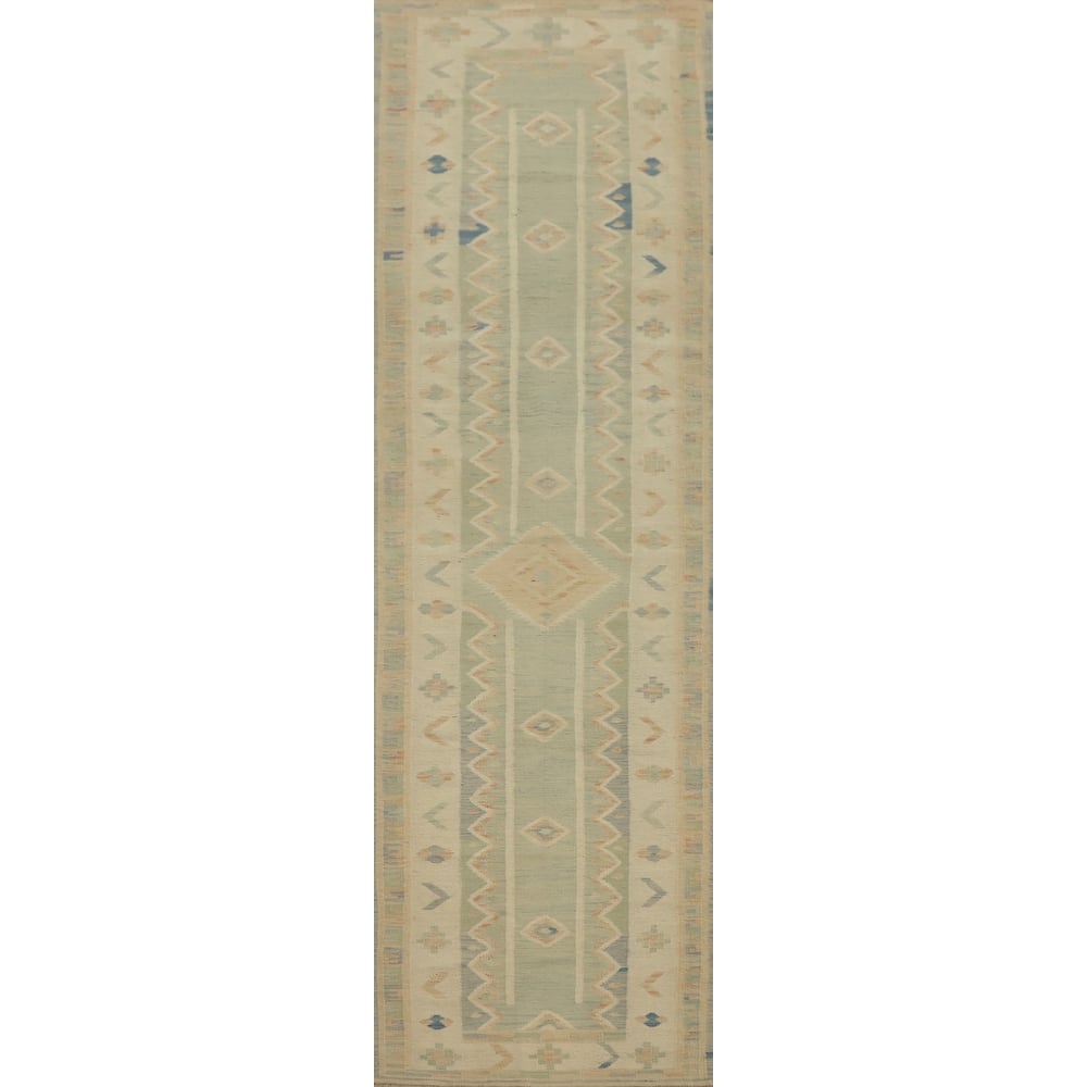 Hand Woven Oriental 100% Wool Carpet Southwestern Tribal Green Kilim Runner Rug - 11' 0'' X 2' 8''