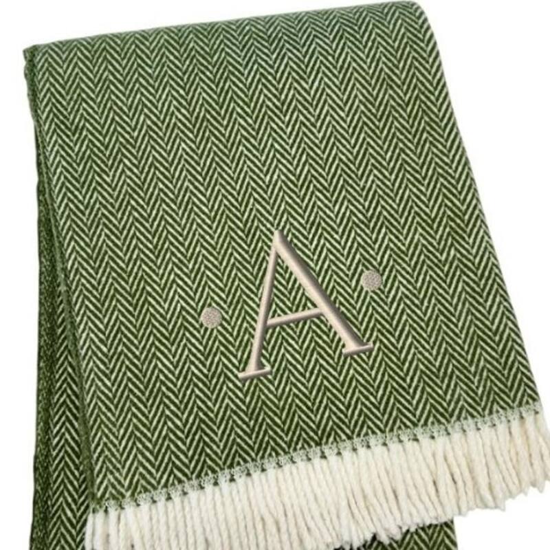 HomeRoots 55" X 70" Moss Green And White Herringbone Cotton Blend A Initial Throw Blanket with Tassels And Embroidery