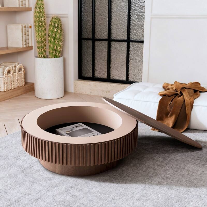 39.37" Round Coffee Table with Storage Solid Wood Veneered Modern Accent Table for Living Room or Bedroom - Walnut
